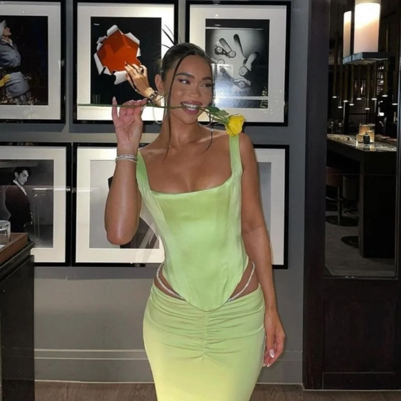 House of‎ CB Rafa Corset top lime green satin neon size XS NWOT - Picture 1 of 8